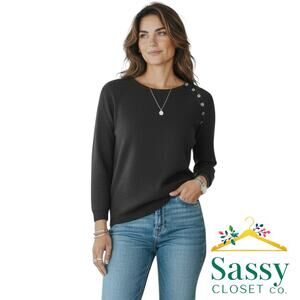 Anne Klein Black Crew Neck Sweater Button Shoulder Soft Knit Size S